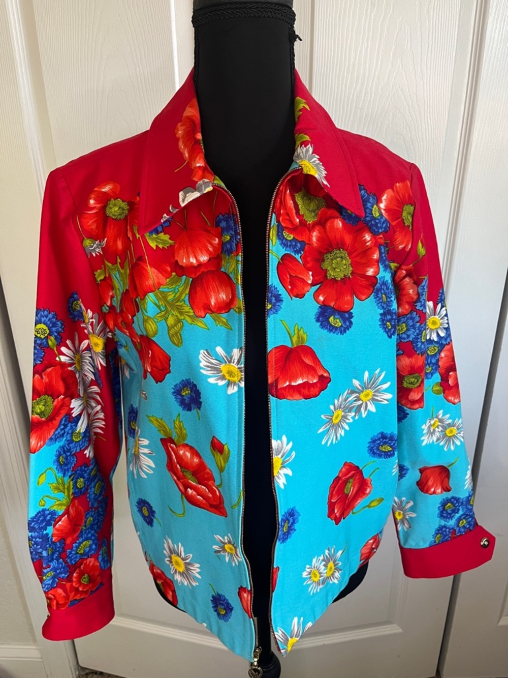 St. John Sport Vintage Aster Garden Red Floral Full Zip Cotton Jacket P Small